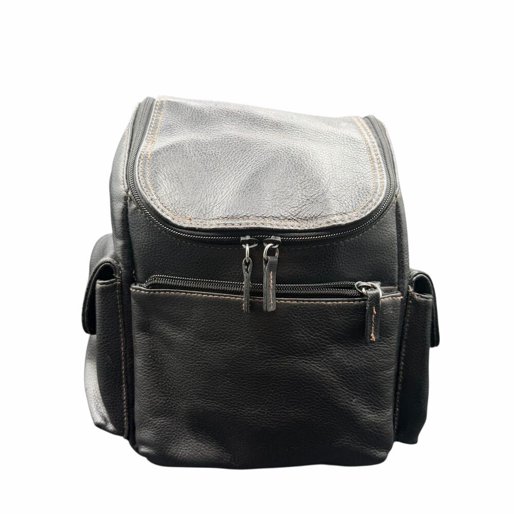 Vintage Black Leather Mini Backpack Small Daypack Zip Pockets